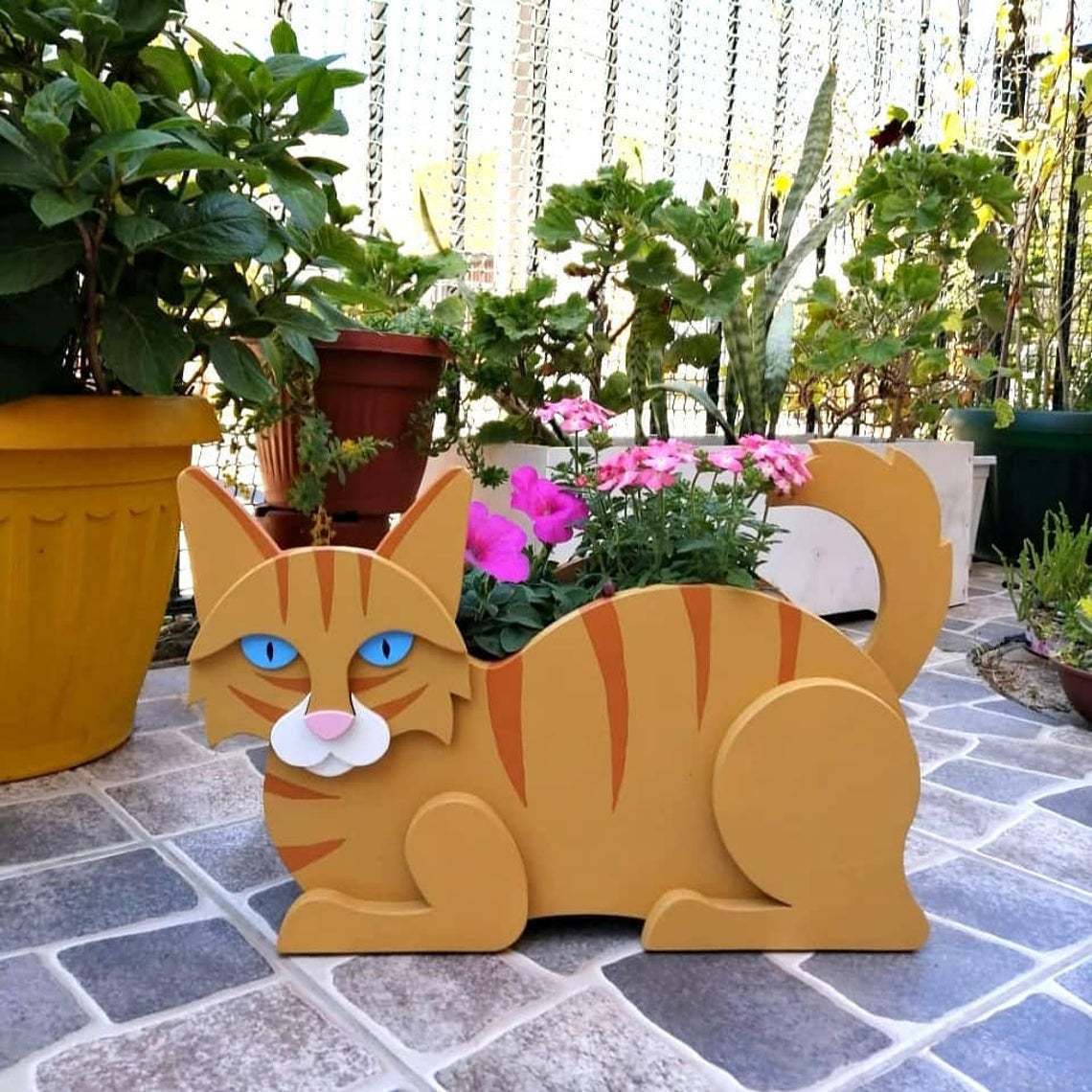 Cartoon Cute Cat Wooden Potted Home Gardening Decoration Ornament