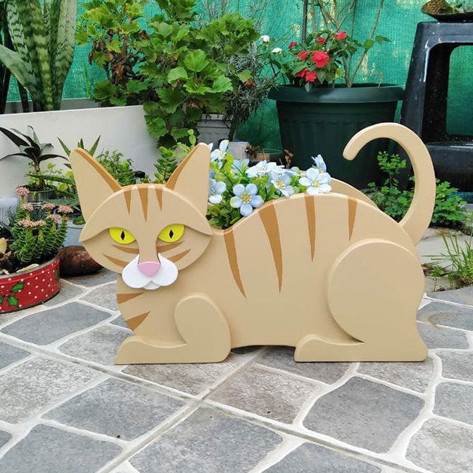 Cartoon Cute Cat Wooden Potted Home Gardening Decoration Ornament